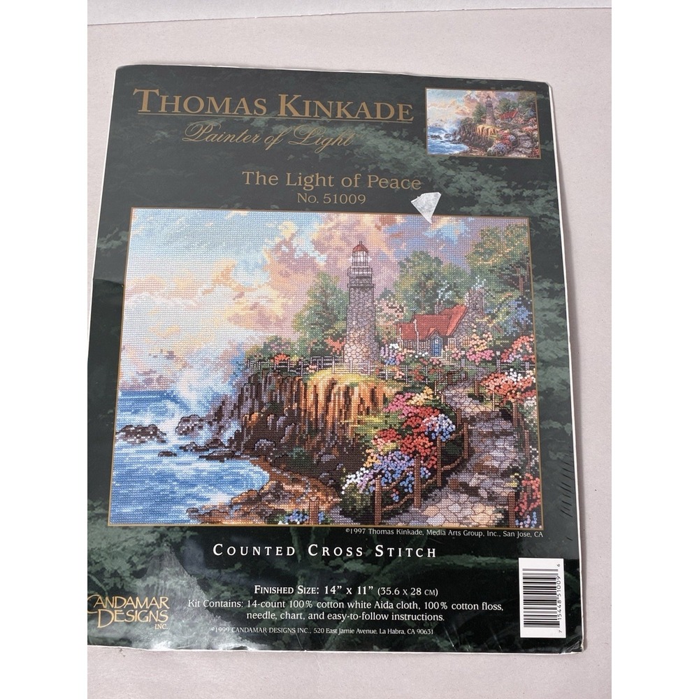 1999 Thomas Kinkade Counted Cross Stitch Kit Light Of Peace Lighthouse Flowers